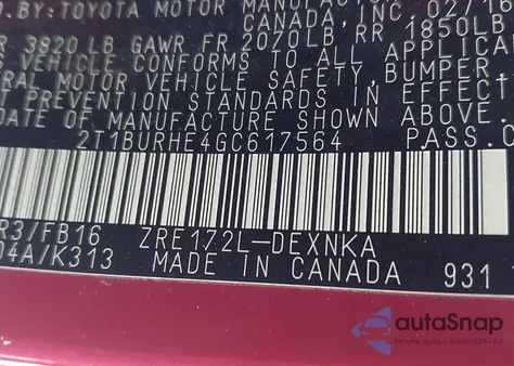 2016 Toyota Corolla Le z USA, uszkodzony, nr VIN 2T1BURHE4GC617564